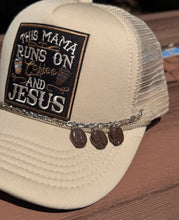 Load image into Gallery viewer, This Mama Runs On Coffee and Jesus Trucker Hat