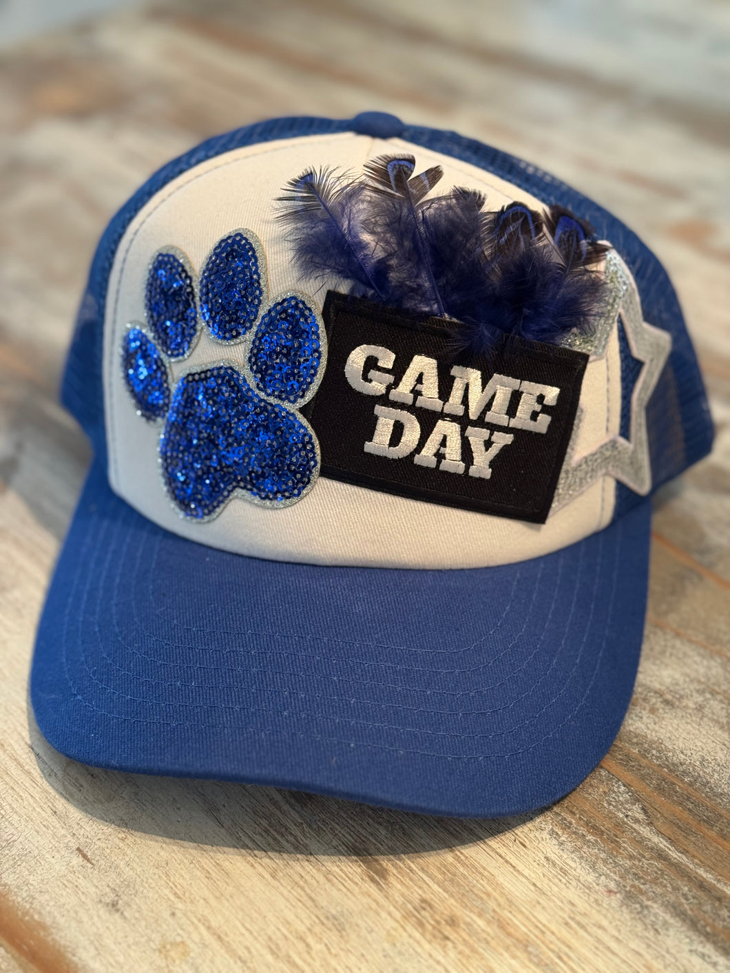 Royal Blue Paw & Feather Game Day Trucker Hat