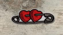 Load image into Gallery viewer, Safety Pin Hearts Iron On Patch