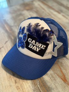 Royal Blue Paw & Feather Game Day Trucker Hat