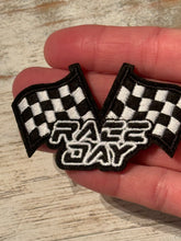 Load image into Gallery viewer, Race Day Checkered Flags &amp; Lightening Bolt Iron On Patches