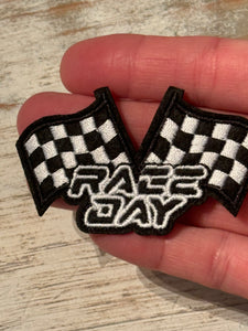 Race Day Checkered Flags & Lightening Bolt Iron On Patches