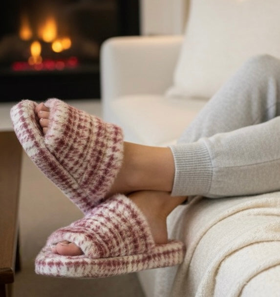 Cranberry Pink Houndstooth Faux Fur Slippers