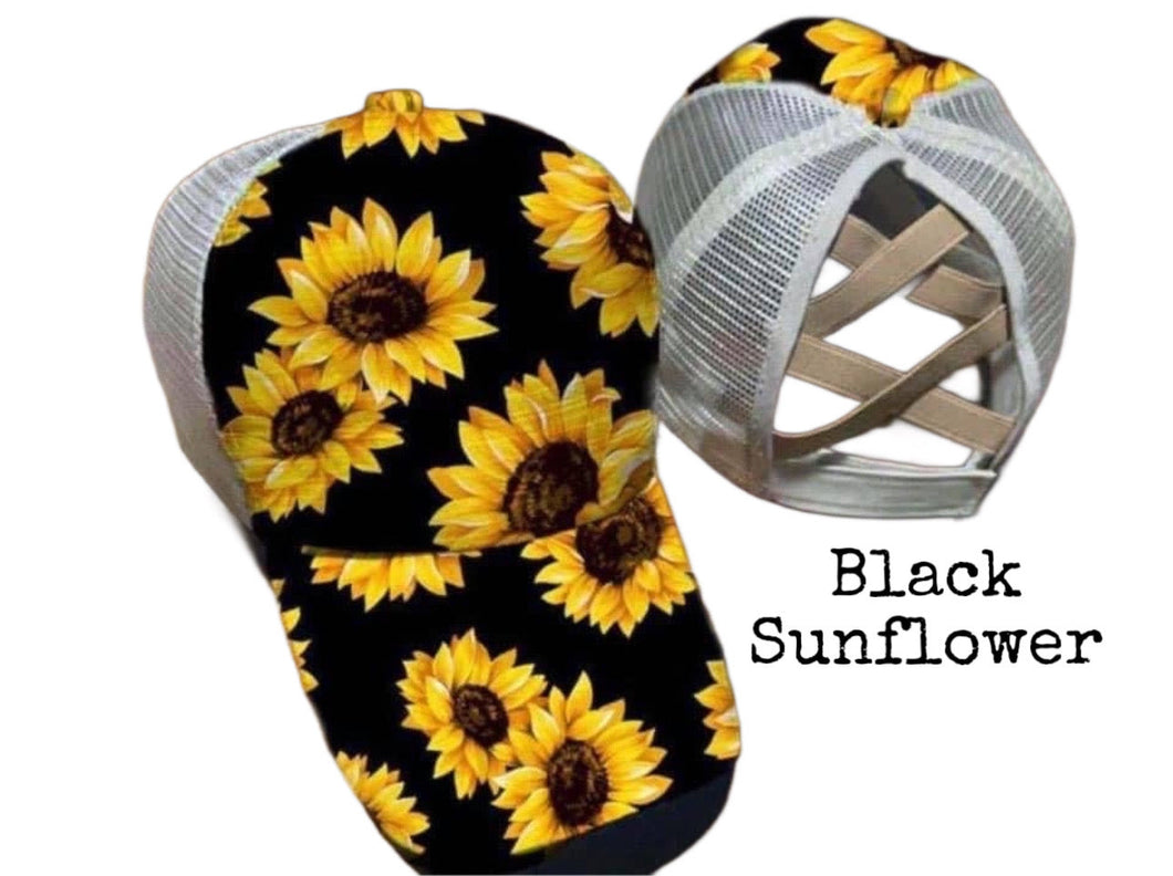 Sunflower Criss Cross Ponytail Baseball Hats