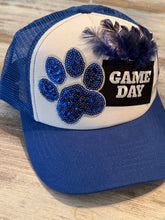 Load image into Gallery viewer, Royal Blue Paw &amp; Feather Game Day Trucker Hat
