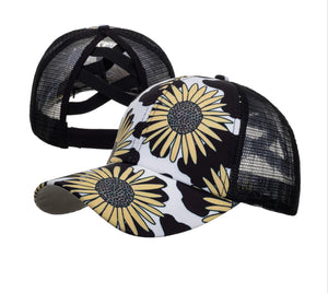 Sunflower Criss Cross Ponytail Baseball Hats