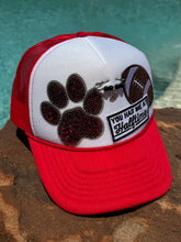 Load image into Gallery viewer, Red &amp; White Paw Football Trucker Cap
