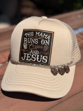 Load image into Gallery viewer, This Mama Runs On Coffee and Jesus Trucker Hat