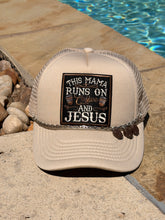 Load image into Gallery viewer, This Mama Runs On Coffee and Jesus Trucker Hat