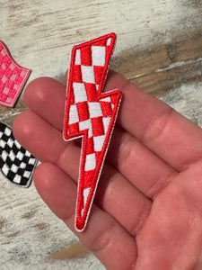 Race Day Checkered Flags & Lightening Bolt Iron On Patches