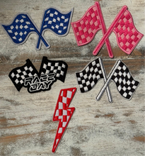 Load image into Gallery viewer, Race Day Checkered Flags &amp; Lightening Bolt Iron On Patches