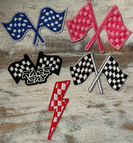 Race Day Checkered Flags & Lightening Bolt Iron On Patches