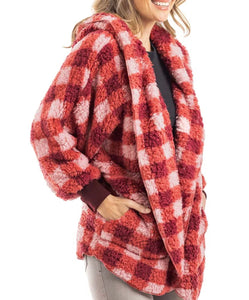 Pink & Red Plaid Hooded Cardigan Body Wrap