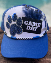 Load image into Gallery viewer, Royal Blue Paw &amp; Feather Game Day Trucker Hat
