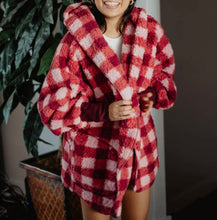 Load image into Gallery viewer, Pink &amp; Red Plaid Hooded Cardigan Body Wrap