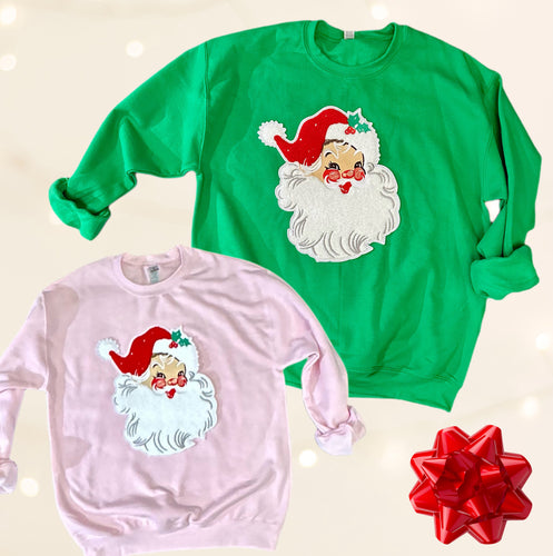 Chenille Patch Santa Sweatshirts (Pink or Green)