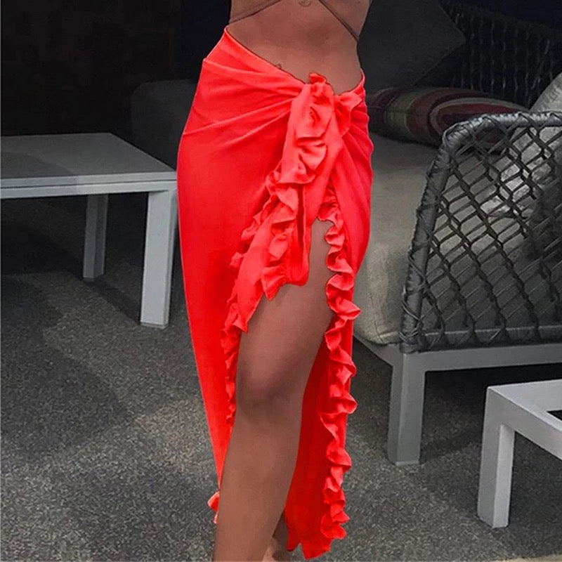 Ruffled Chiffon Bikini Wrap Sarong (Red Only)