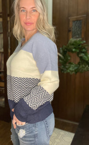 Striped V-Neck Sweater in Blue - The Barron Boutique