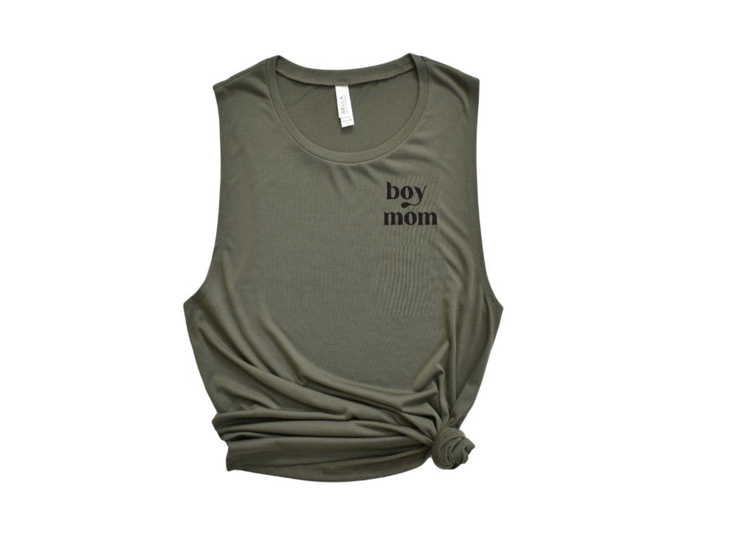 Olive “Boy Mom” Flowy Muscle Tee