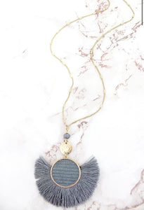 Gray Fringed Velvet Disk Fan Necklace