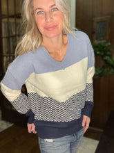 Load image into Gallery viewer, Striped V-Neck Sweater in Blue - The Barron Boutique