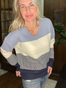 Striped V-Neck Sweater in Blue - The Barron Boutique