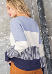 Striped V-Neck Sweater in Blue - The Barron Boutique