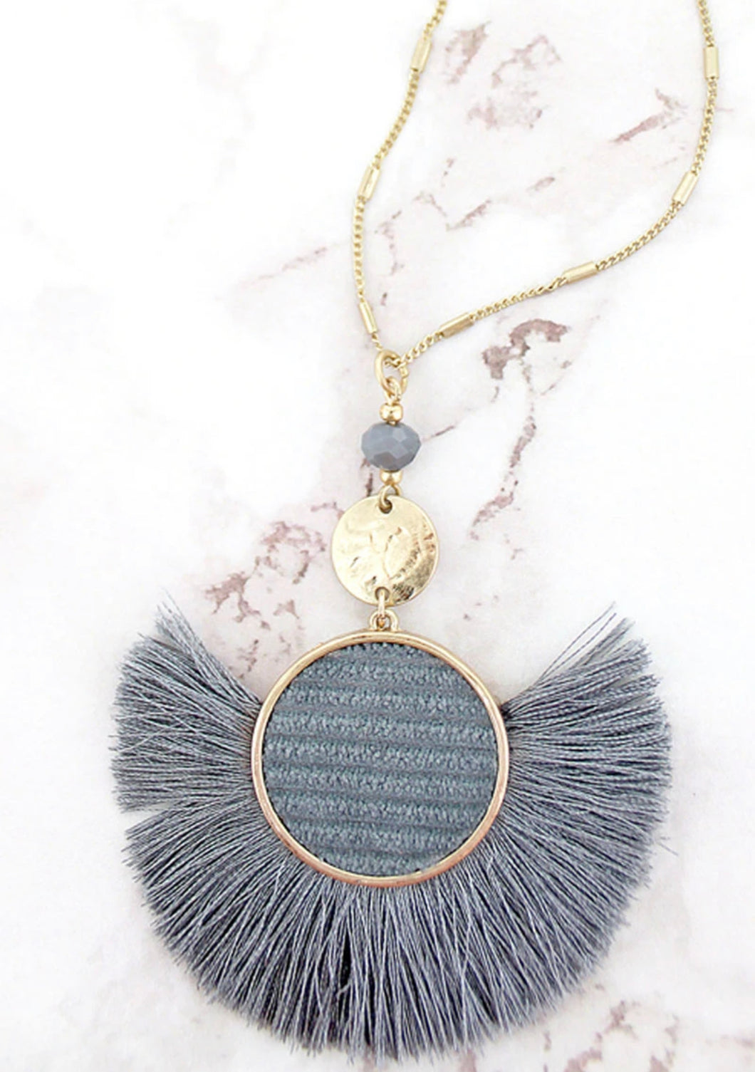 Gray Fringed Velvet Disk Fan Necklace