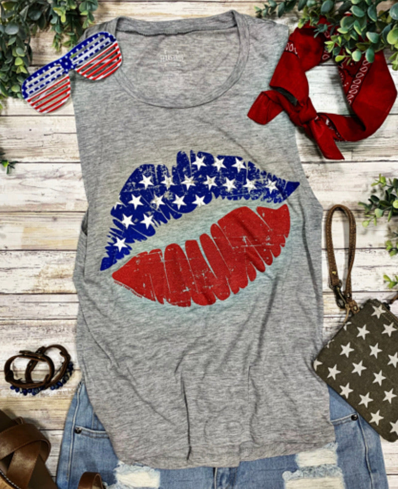 Patriotic Lips in Muscle Tank - The Barron Boutique