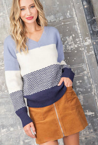 Striped V-Neck Sweater in Blue - The Barron Boutique