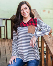 Load image into Gallery viewer, Buffalo Plaid Top with Suede Elbow Patch